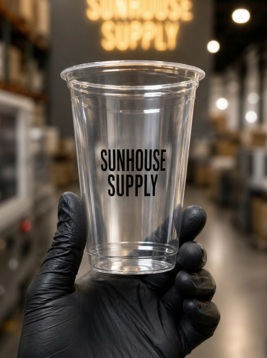 A printed Sunhouse Supply cold cup held in our production facility